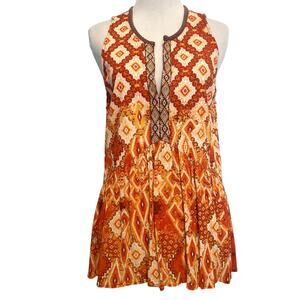 Miss Me Aztec Boho Tank Womens Large Orange Mixed Print Lace Back Western Top